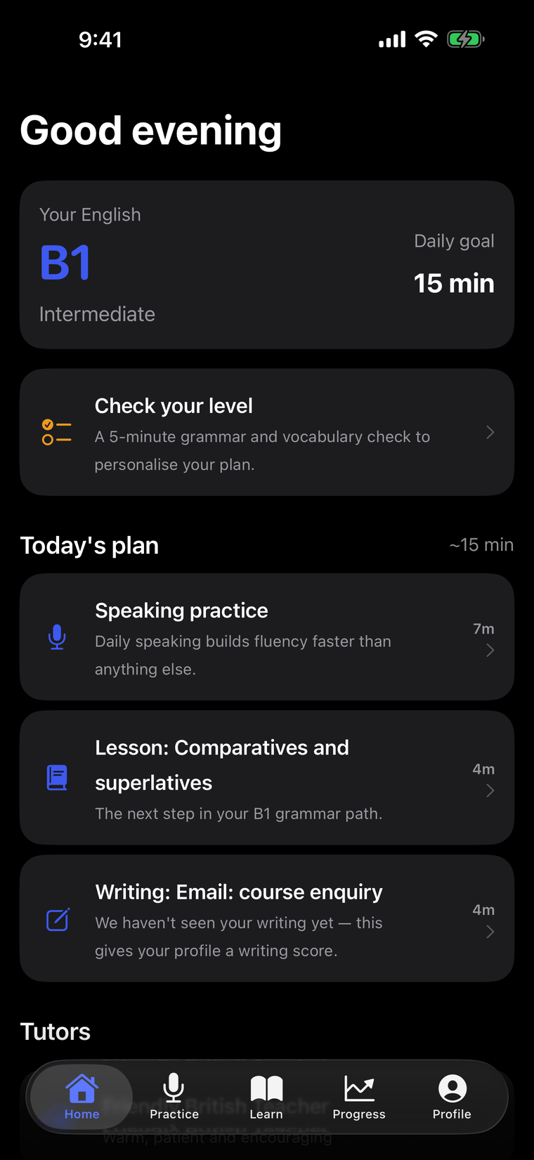 English Coach home screen showing today's practice plan